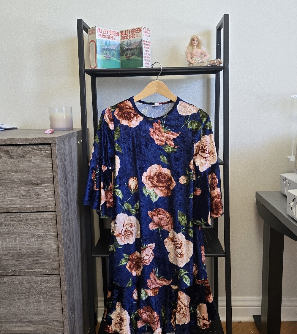 Navy Velvet Floral Swing Dress with Pink Rose Print